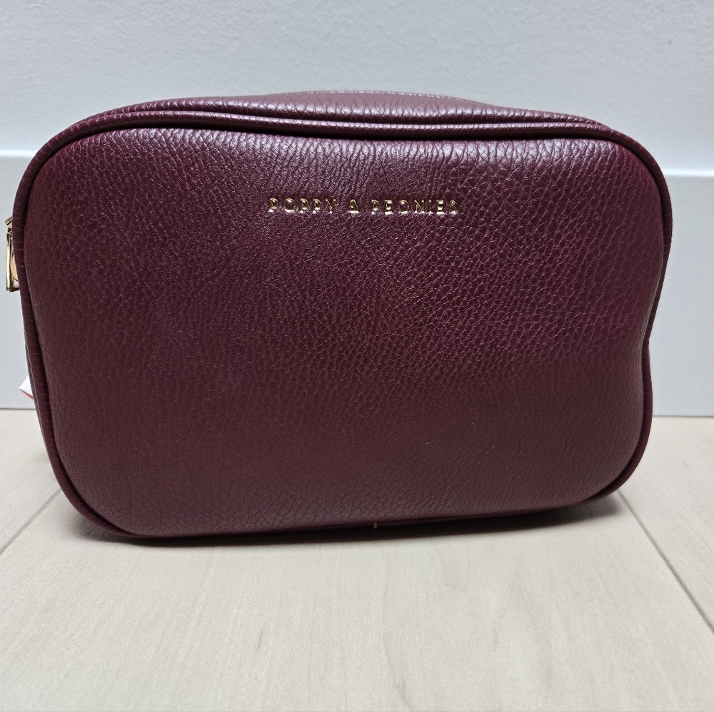 NWT Poppy & Peonies Wine Leather Zip Cosmetic Case with Gold Hardware